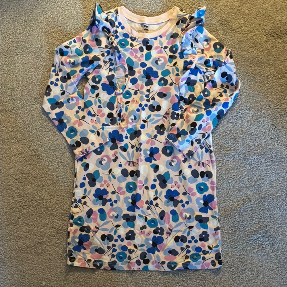 Tea Collection Floral Ruffle Dress - Blue and Pink